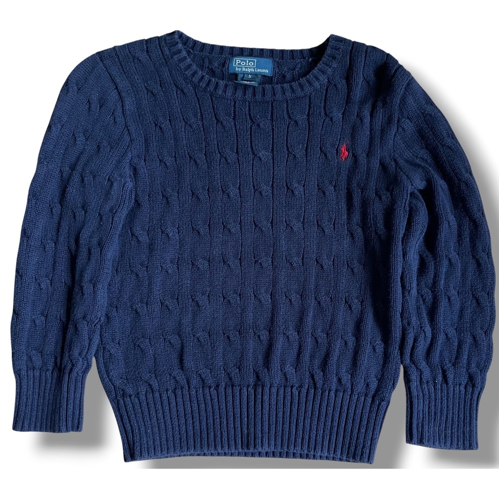 Polo Ralph Lauren Kids Navy Blue Cable Knit Cotton Sweater Size 5 Red Pony Logo